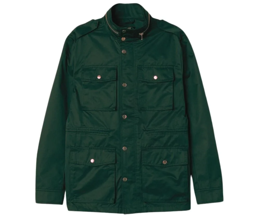 Stylish Green Utility Jacket with Functional Pockets Men's green utility jacket with multiple pockets and snap closures