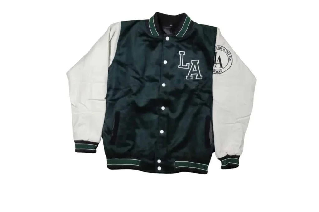 Classic Green and White Varsity Jacket with LA Logo Green and white varsity jacket featuring the letters "LA" on the chest and an emblem on the sleeve.