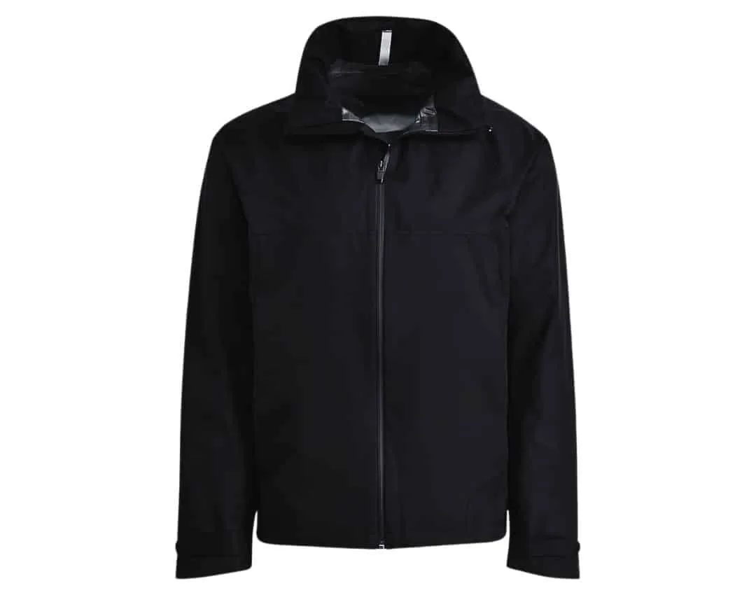A functional waterproof jacket with a hood and taped seams, perfect for rainy conditions.
