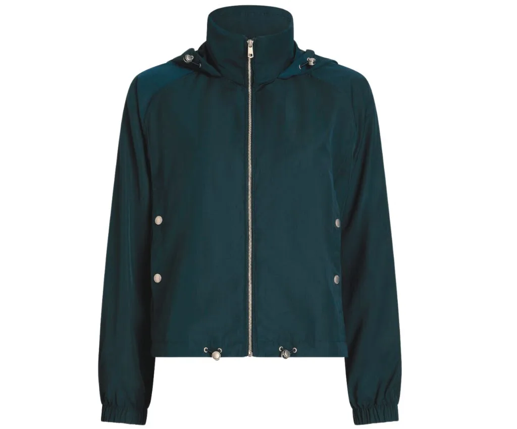 Trendy Dark Green Zip-Up Windbreaker Jacket for Outdoor Comfort. Stylish dark green windbreaker jacket with a zip front and drawstring hem.