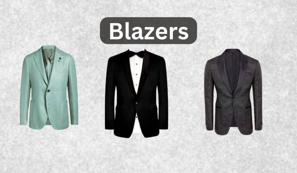 Three different styles of blazers: a mint green casual blazer, a classic black tuxedo blazer, and an elegant patterned formal blazer.