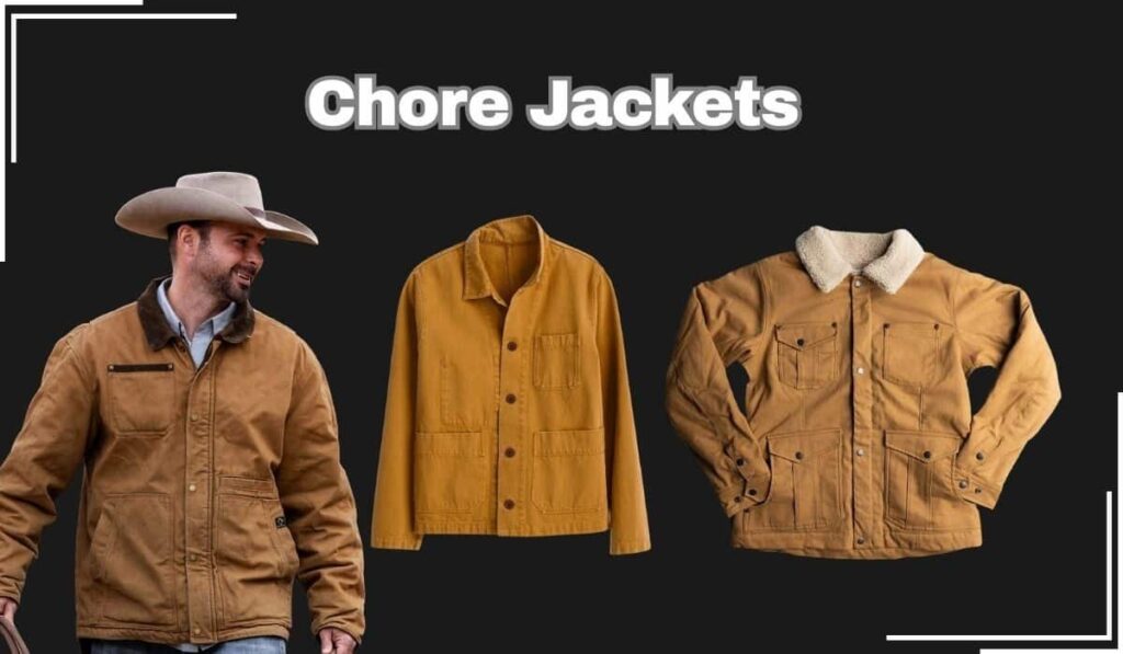 A man wearing a chore jacket alongside two different styles of chore jackets on a dark background.