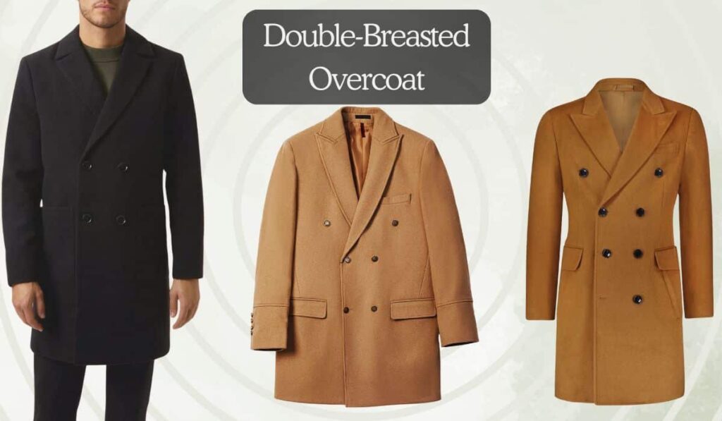 Three styles of double-breasted overcoats displayed on a light background, showcasing different colors and designs.