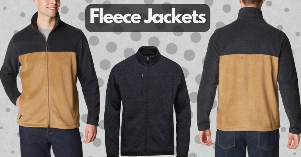 Three views of a lightweight fleece jacket featuring a stylish black and tan design