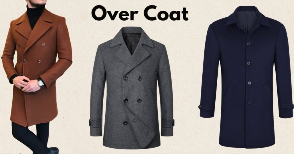 Three distinct over coats displayed: a brown double-breasted coat, a gray double-breasted coat, and a dark blue button-up coat.