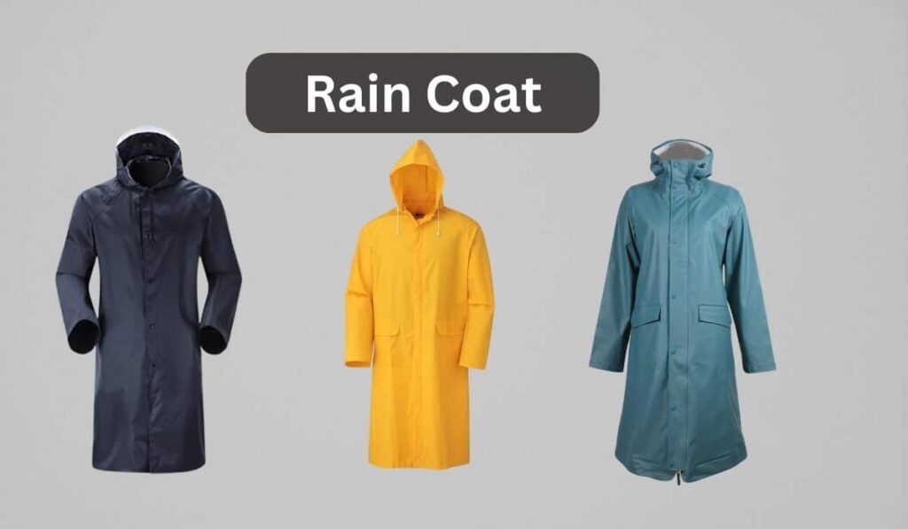 Three different styles of raincoats in black, yellow, and teal against a light gray background.