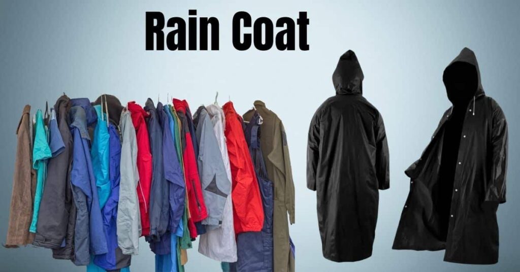 A collection of colorful raincoats hanging on a rack with a dark raincoat displayed in the foreground