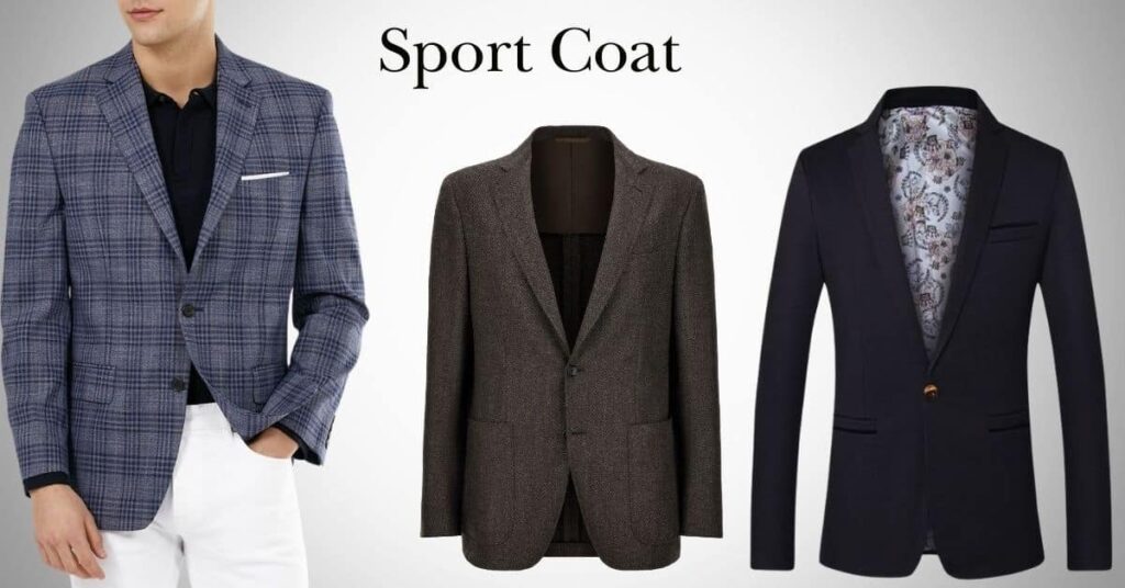 Three stylish sport coats displayed on a gradient background - plaid, classic brown, and solid navy options