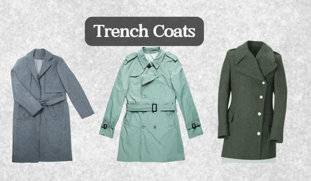 Three stylish trench coats in different colors: gray, mint green, and dark green.
