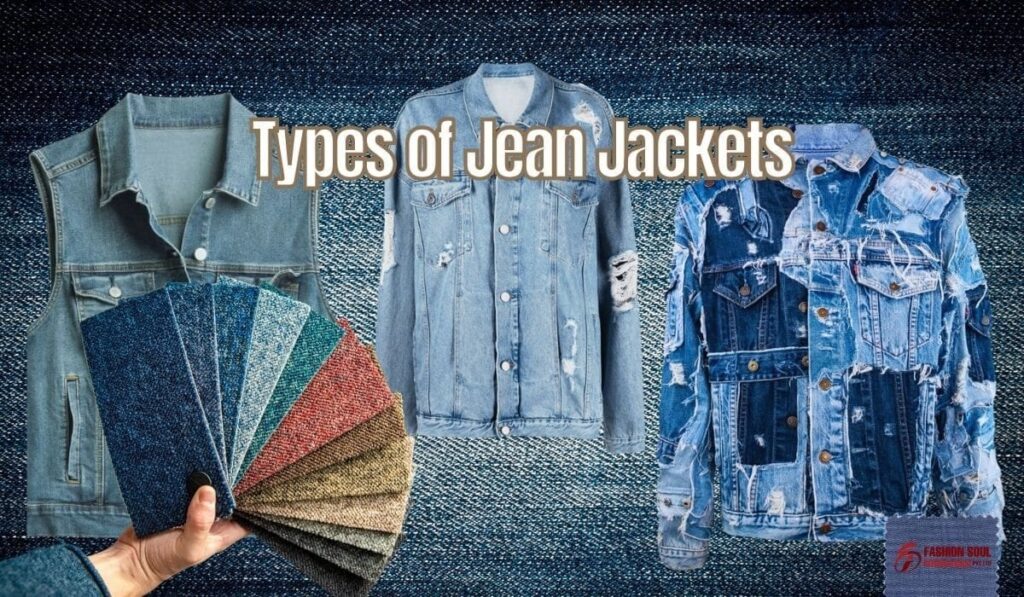 Various types of jean jackets including a denim vest, distressed jacket, and layered styles, displayed with a color swatch palette.
