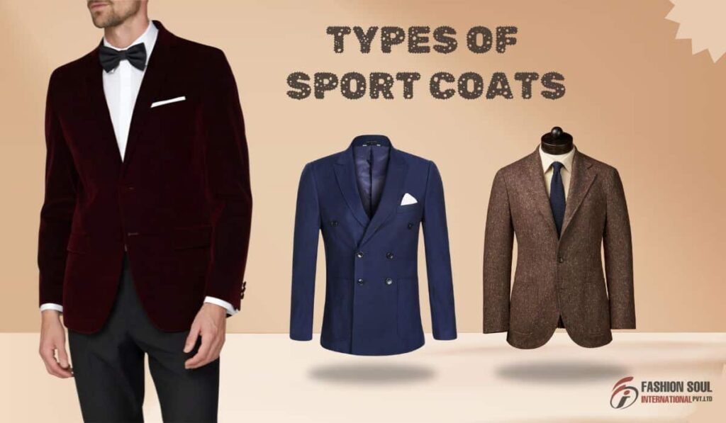 A stylish collection of different types of sport coats, including wool, tweed, linen, and corduroy, displayed on hangers to showcase various textures, colors, and patterns.