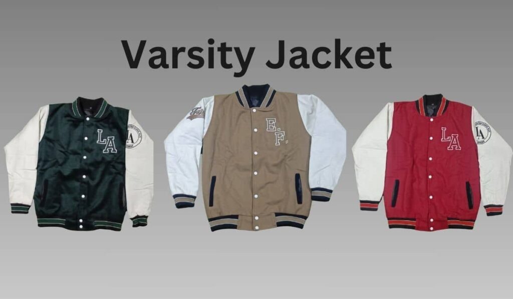 Three colorful varsity jackets on a gray background, showcasing distinct designs and colors.