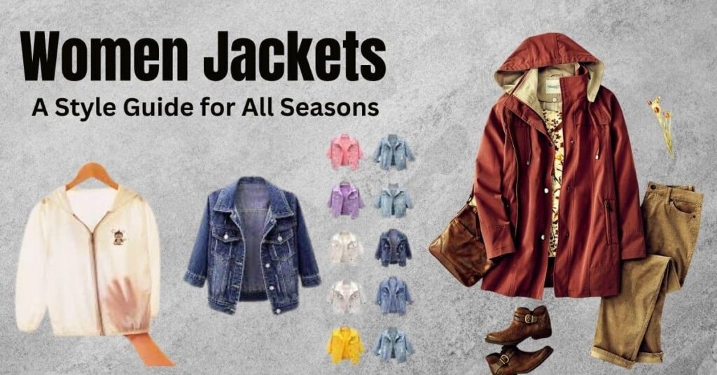 A collection of stylish women's jackets suitable for every season, featuring light fall jackets, cozy winter coats, breathable spring layers, and waterproof summer options, displayed on a clothing rack.