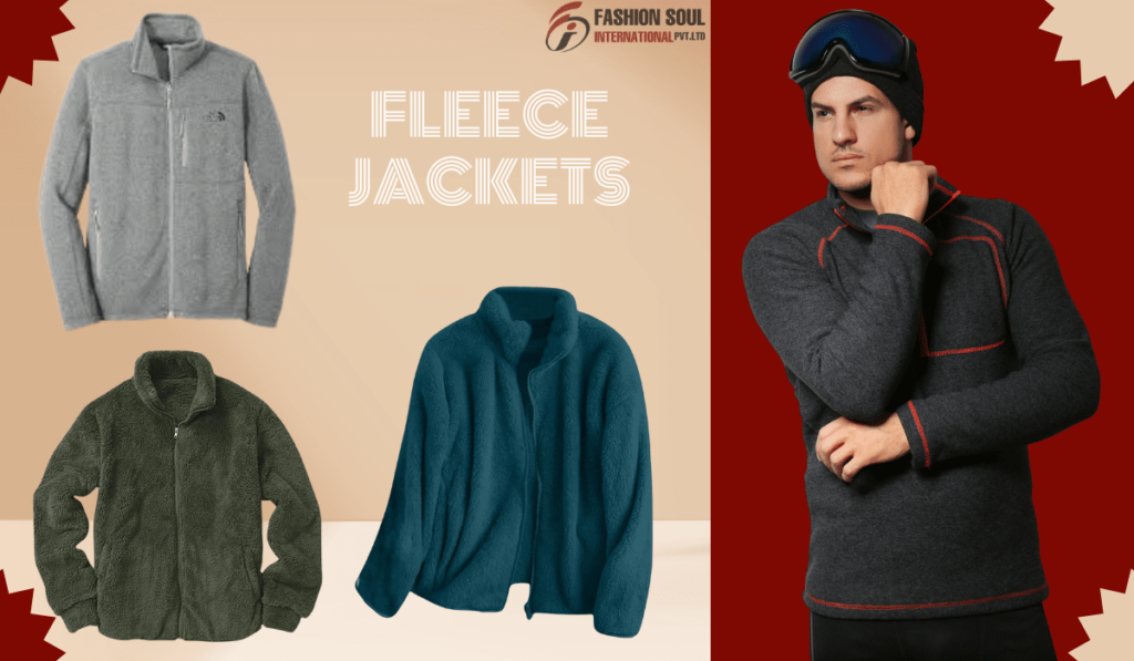 Different types of fleece jackets displayed, featuring various styles, materials, and colors for outdoor and casual wear.