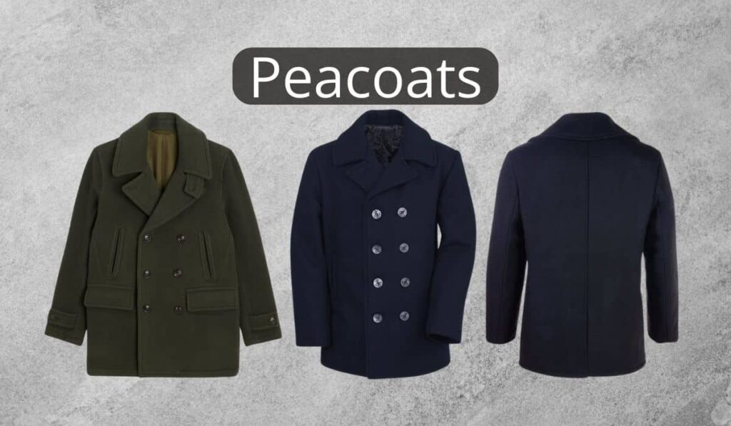 Three stylish peacoats displayed against a textured background, showcasing different styles and colors.