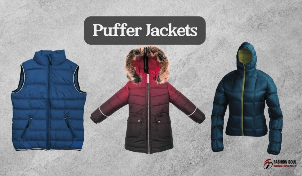 Different styles of puffer jackets displayed together: a blue sleeveless vest, a red and black hooded jacket, and a blue hooded jacket.