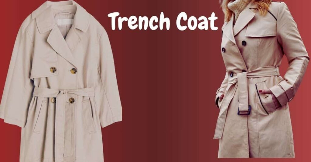 A beige trench coat displayed on the left and a model wearing a beige trench coat on the right, set against a gradient red background.