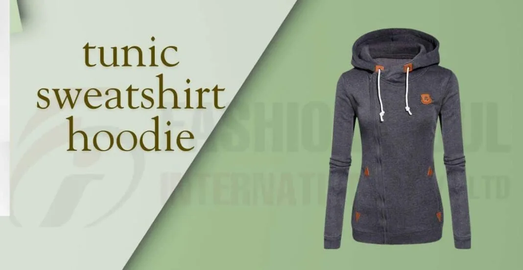 Dark gray women's zip-up hoodie featuring a cozy hood, brown accents, and a decorative logo. Tunic Sweatshirt Hoodie
