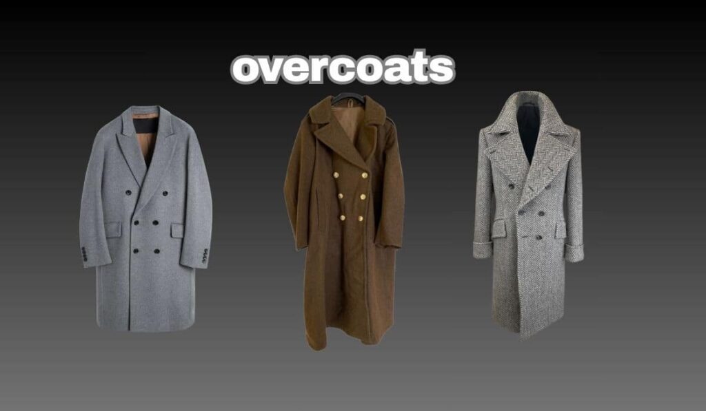 Three stylish overcoats displayed on a dark background, showcasing different colors and styles.