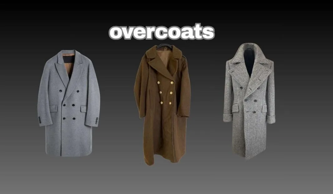 Three stylish overcoats displayed on a dark background, showcasing different colors and styles.
