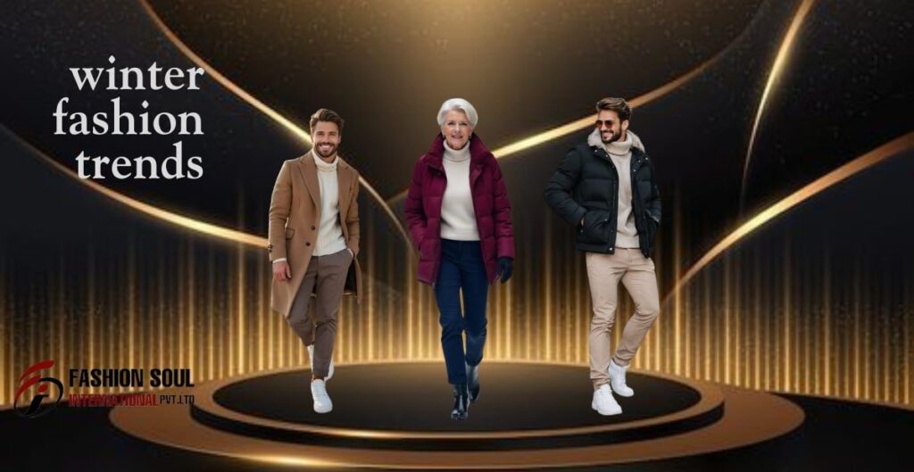 Three models showcase winter fashion on a stylish stage. The first wears a beige coat, the second a burgundy jacket, and the third a black puffer jacket. Elegant lighting adds to the backdrop. winter fashion trends
