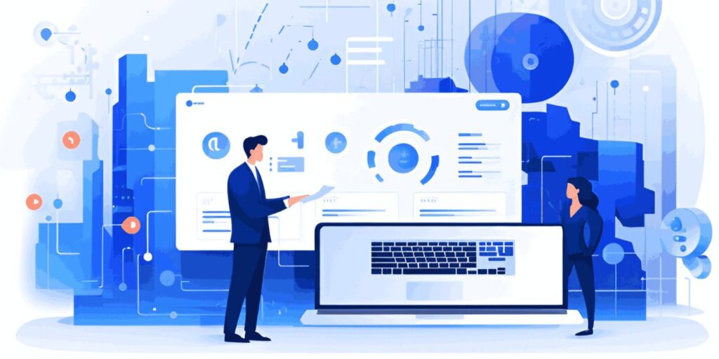 "AI-powered B2B lead generation concept with professionals analyzing data on a futuristic digital interface.