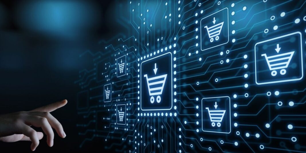 A digital representation of generative AI optimizing an eCommerce platform, featuring data analytics, automation, and personalized shopping experiences.