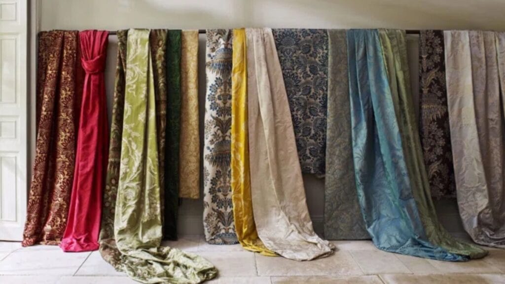 "Close-up of a damask fabric pattern with intricate floral motifs in satin weave."