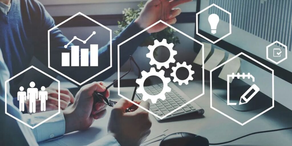 Illustration of SaaS marketing metrics with graphs, charts, and data analytics elements.