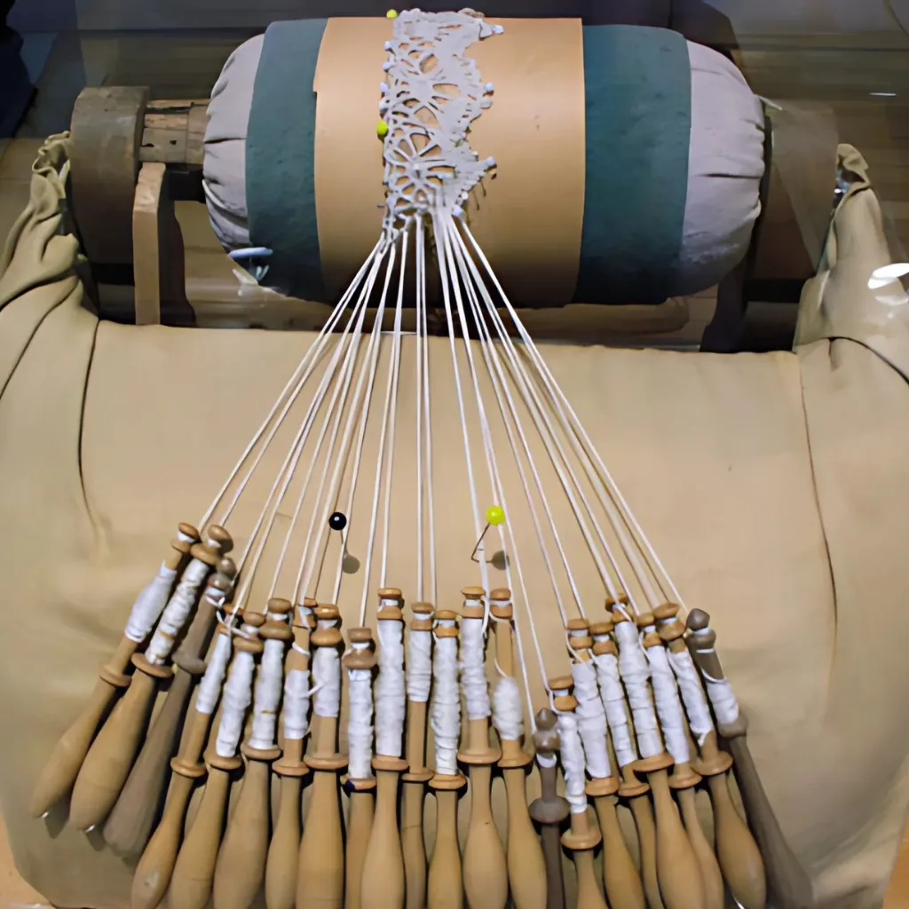 A collection of wooden badminton rackets with white grip tape, laid out on a beige cloth surface. The rackets are arranged in a semi-circle, with some pins sticking through the grips. In the background, there is a wooden table with a decorative white lace doily on a rolled-up cushion.
