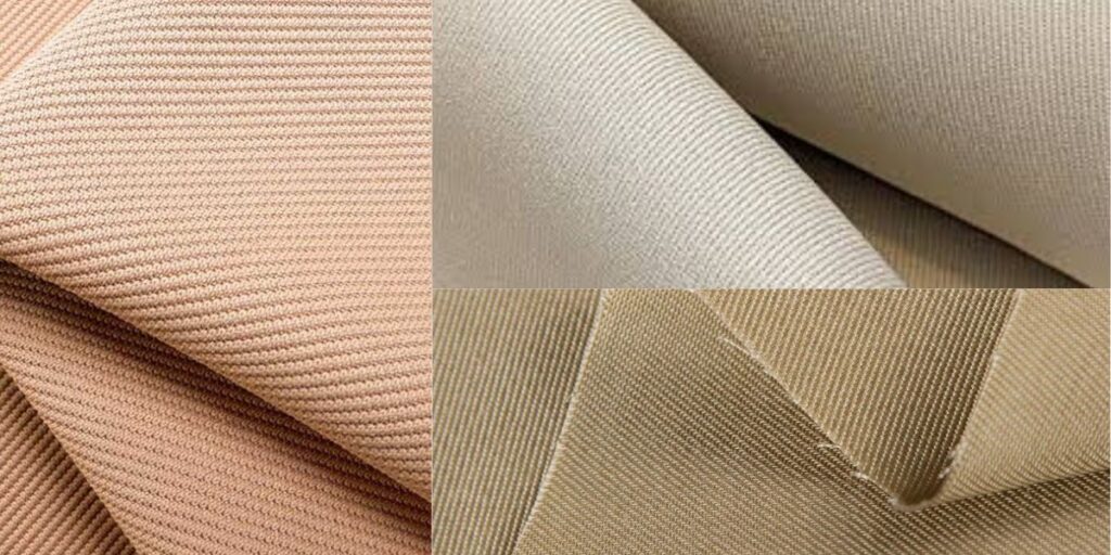 A close-up view of twill fabric, showcasing its distinctive diagonal weave pattern and smooth texture.