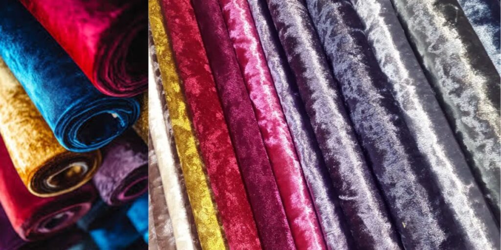 Close-up of luxurious velvet fabric showcasing its rich texture and softness, illustrating its opulence and uses in fashion and interior design.