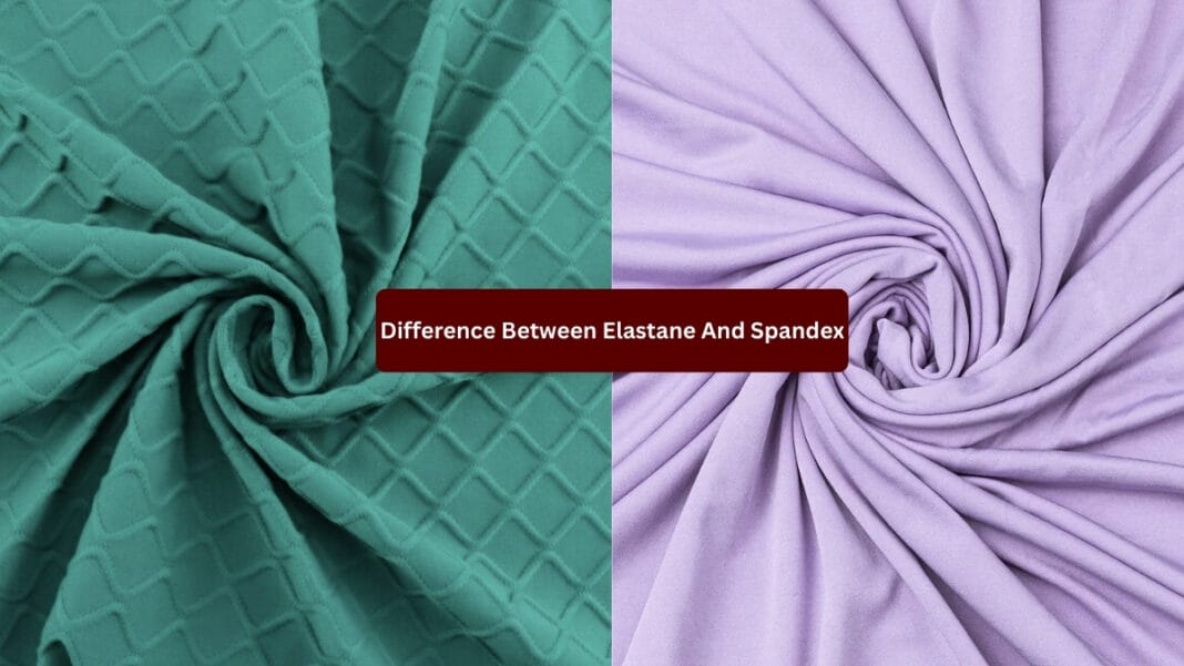 Side-by-side fabrics: turquoise quilted diamond-patterned fabric on the left and pale lavender smooth fabric on the right, with a central label reading 'Difference Between Elastane And Spandex.'