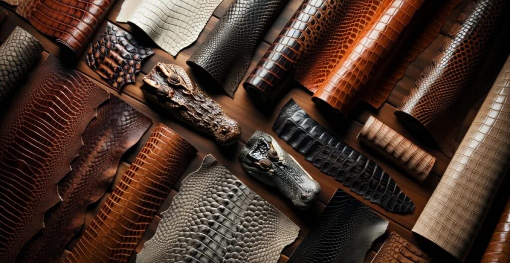 A collection of various exotic leather samples, including crocodile and alligator skins, arranged on a wooden surface. The leathers display different textures and colors ranging from deep browns to blacks and creamy tones.