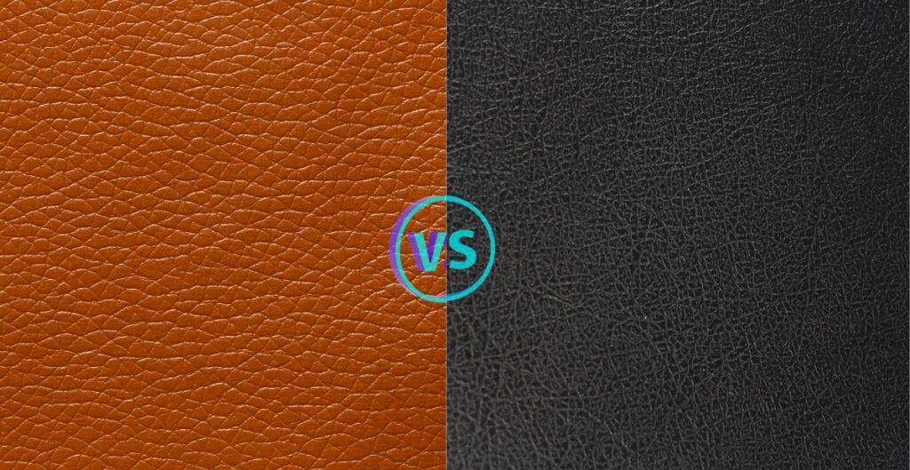 Image comparing two types of leather: faux leather (left side, orange-brown) versus bonded leather (right side, black).