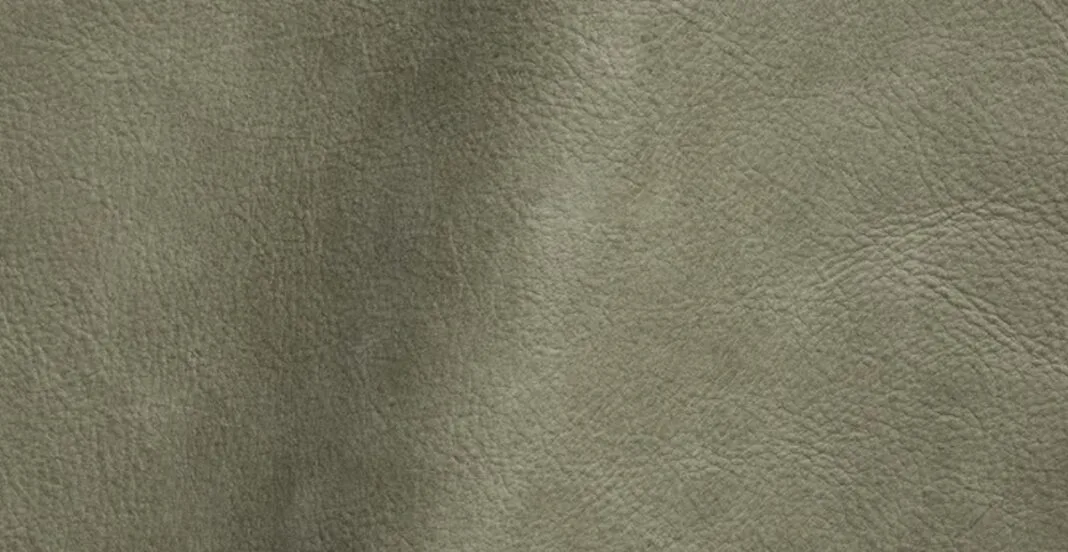 Close-up of textured olive green nubuck leather.