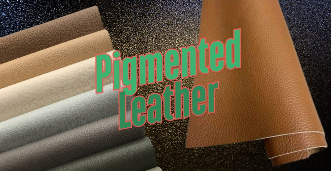 Various colors of pigmented leather swatches arranged aesthetically with the words 