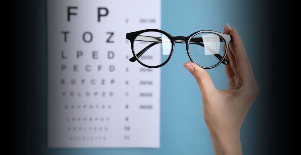 Glasses in front of eye chart
