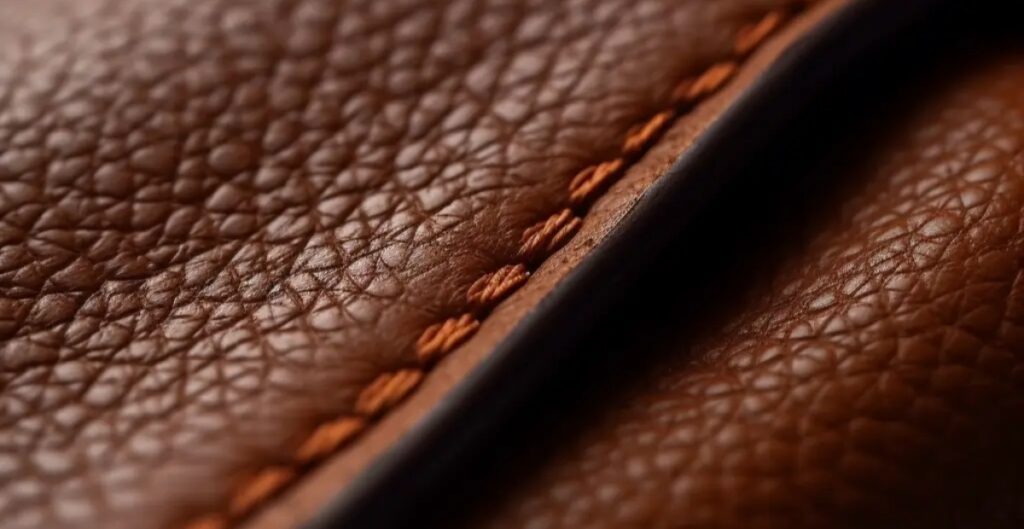 Close-up image of textured brown leather, showcasing stitching along the seam. Types of split leather are visible in the detailed grain of the material.