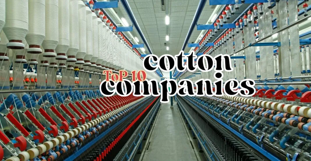 An industrial cotton processing facility featuring rows of spindles and cotton yarn, with the words 