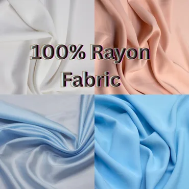 A collage of four images showcasing different colors of 100% rayon: white, peach, light blue, and sky blue.