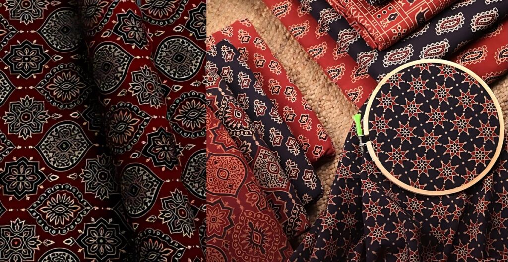 Ajrak fabric showcasing traditional patterns and modern designs, symbolizing cultural heritage and contemporary fashion trends.