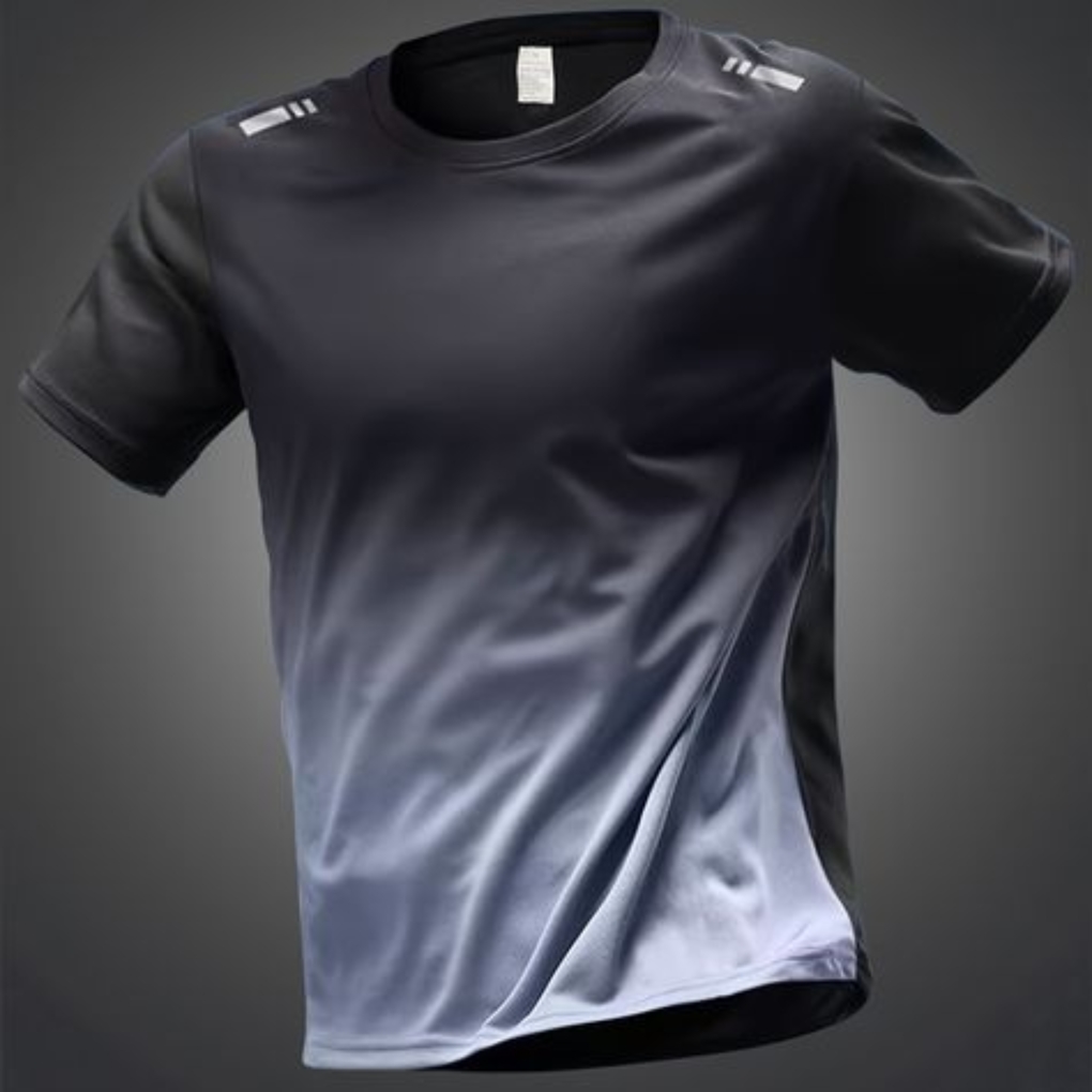 A sporty black and gray gradient t-shirt displayed against a dark background.
smart sports wear.