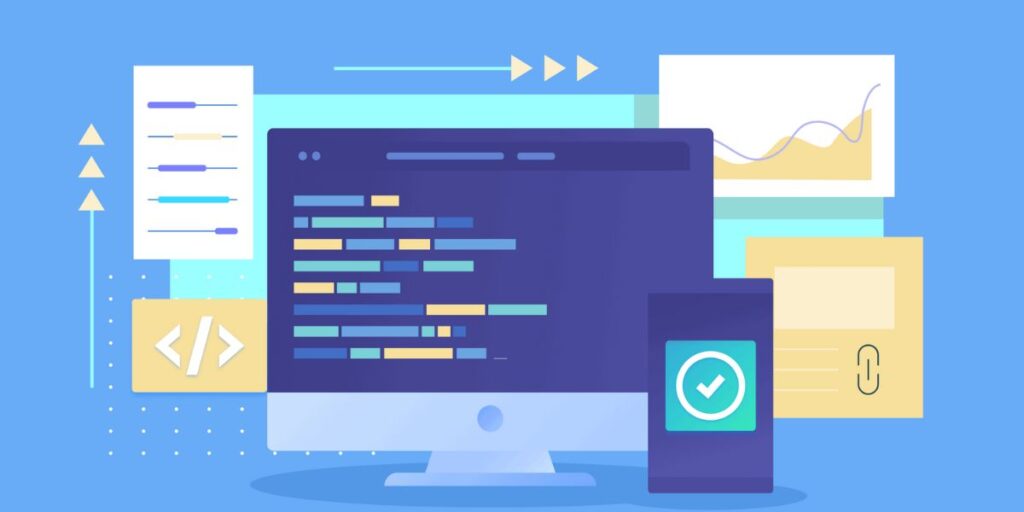 A graphic showing SEO strategies tailored for a React-based website, including code snippets, charts, and ranking indicators.