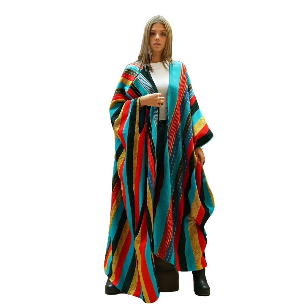 "Vibrant colorful abaya featuring a variety of shades and patterns, designed with a flowing silhouette and intricate details."
