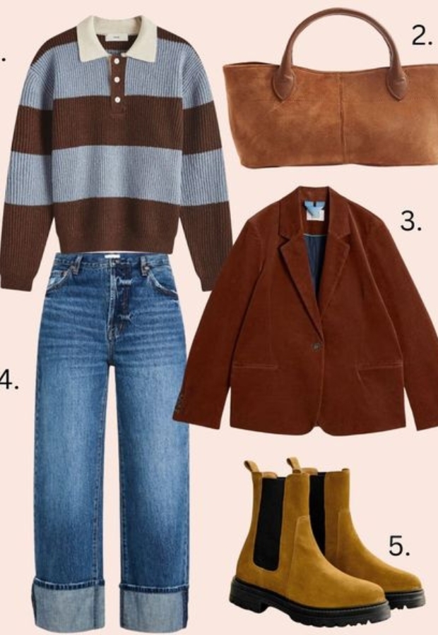 Image showcasing a stylish outfit featuring a striped knit polo, a brown suede handbag, a brown corduroy blazer, light-wash jeans, and yellow ankle boots.