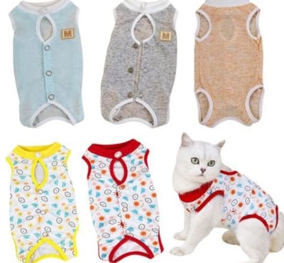 Image showing a variety of six sleeveless pet shirts with different colors and patterns, alongside a white cat wearing one of the shirts. Indirect Uses of Cotton