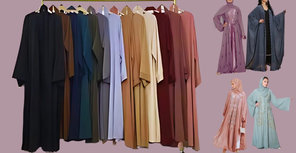 A collection of abayas in various styles, colors, and designs displayed on mannequins and models representing different occasions and personal styles.