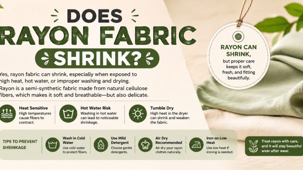 Infographic titled "Does Rayon Shrink?" with tips on washing, drying, and ironing rayon to prevent shrinkage.