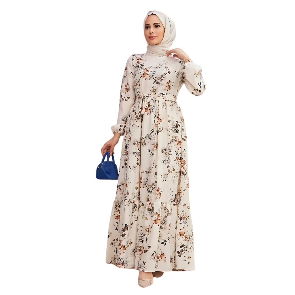 "Beautiful floral abaya featuring a vibrant pattern of blossoms, flowing silhouette, and elegant long sleeves in soft fabric"